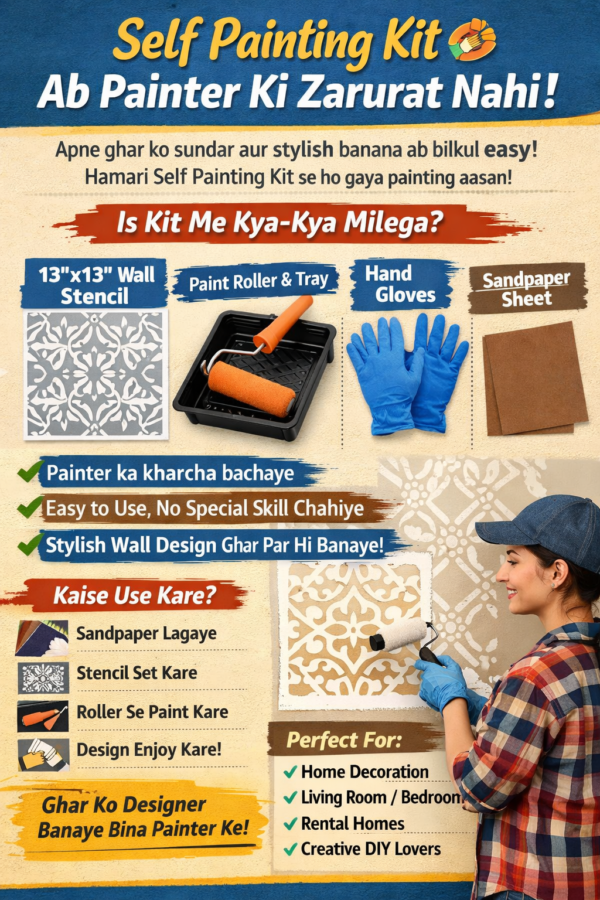 “Self Painting Kit with stencil roller tray DIY wall design tools”