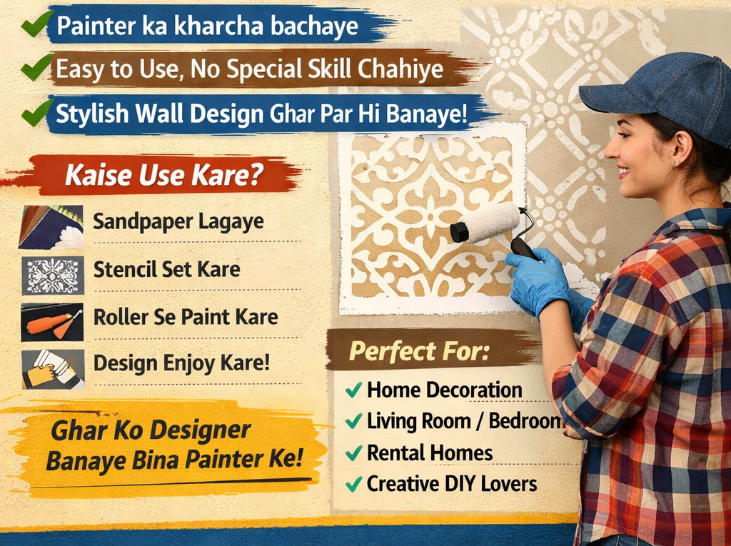 “Self Painting Kit with stencil roller tray DIY wall design tools”