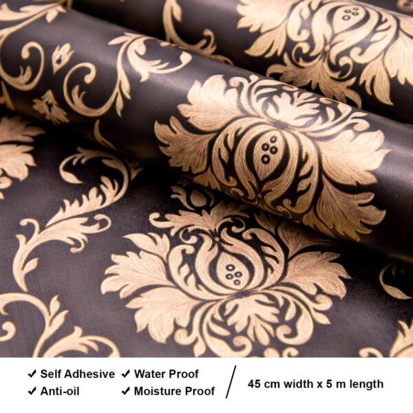 PG DIY Wallpaper Black Damask (45 x 500 CM, Black) | Luxury Self Adhesive Wall Stickers Roll | Decorative PVC Vinyl Wallpaper for Living Room Bedroom Hall | Easy Peel & Stick Home Decor.